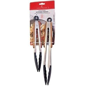 Emeril Lagasse Acacia Wood Tongs Non-Stick Silicone Tips Stainless Steel 2-Pc